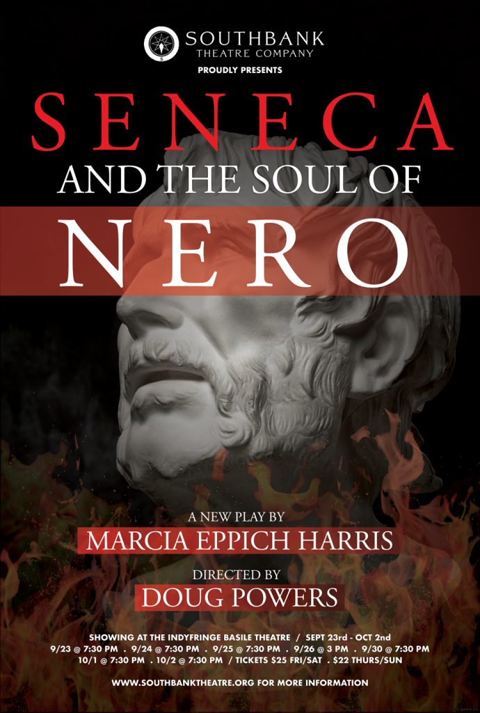 Seneca and the Soul of Nero poster, shows Seneca in the midst of flames