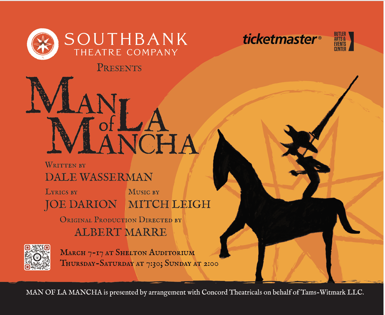Silhouette of a man on a horse with a sun behind him. Poster announcement for Man of La Mancha
