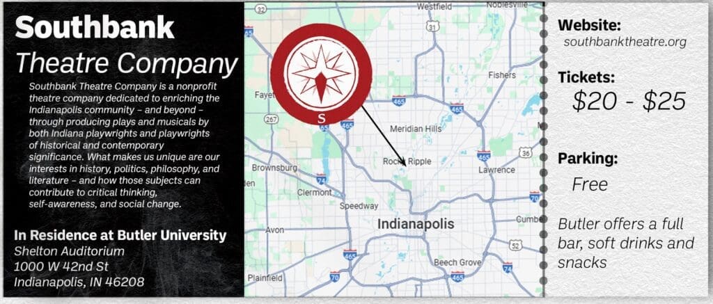 map showing approximate location of Southbank's primary performance venue, Shelton Auditorium at 1000 W 42nd Street in Indianapolis